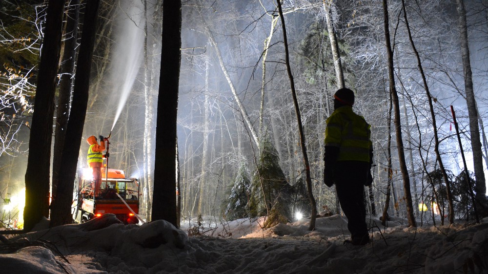 Rustad’s team of scientists conduct icy tree experiments in New Hampshire.