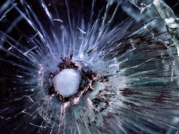 A .44-caliber bullet impact.