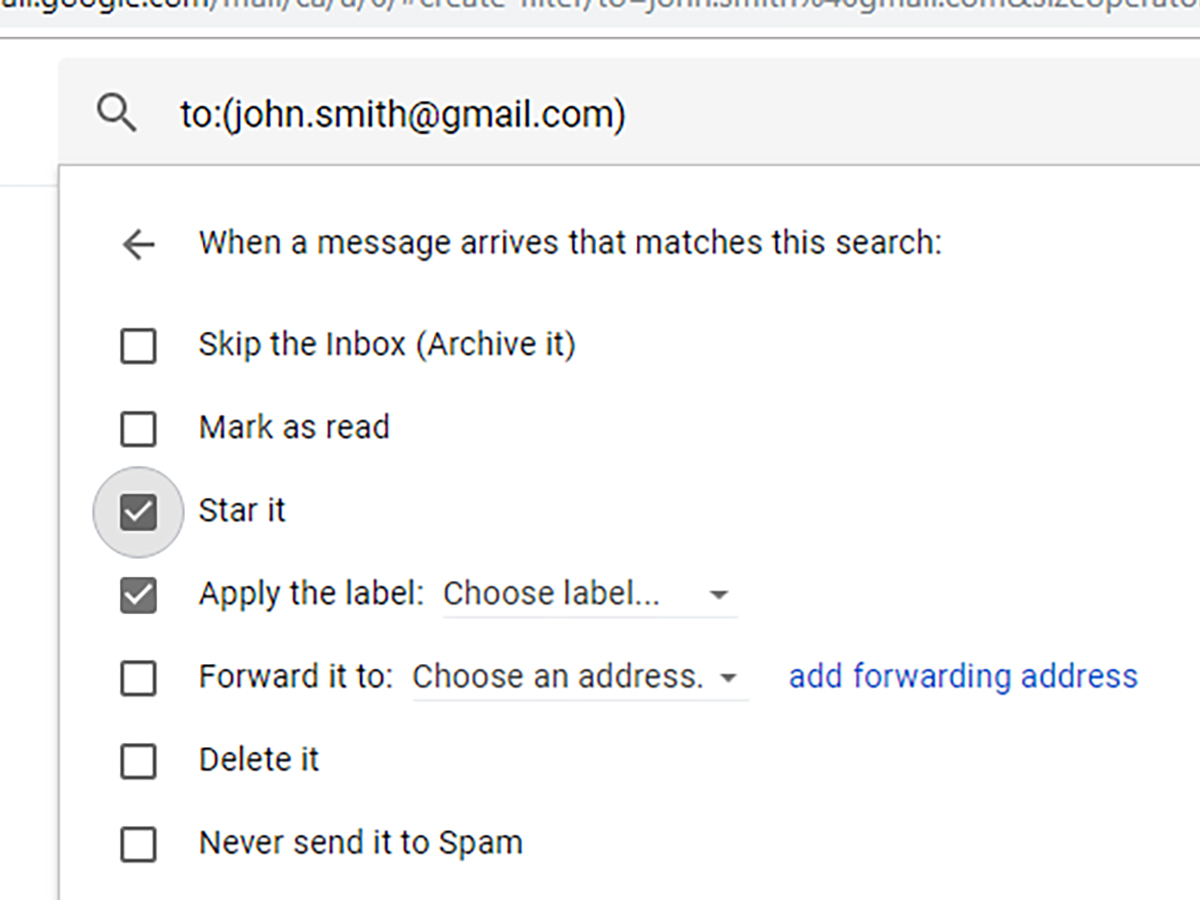 A Gmail alias being used as an email filter to sort incoming messages.