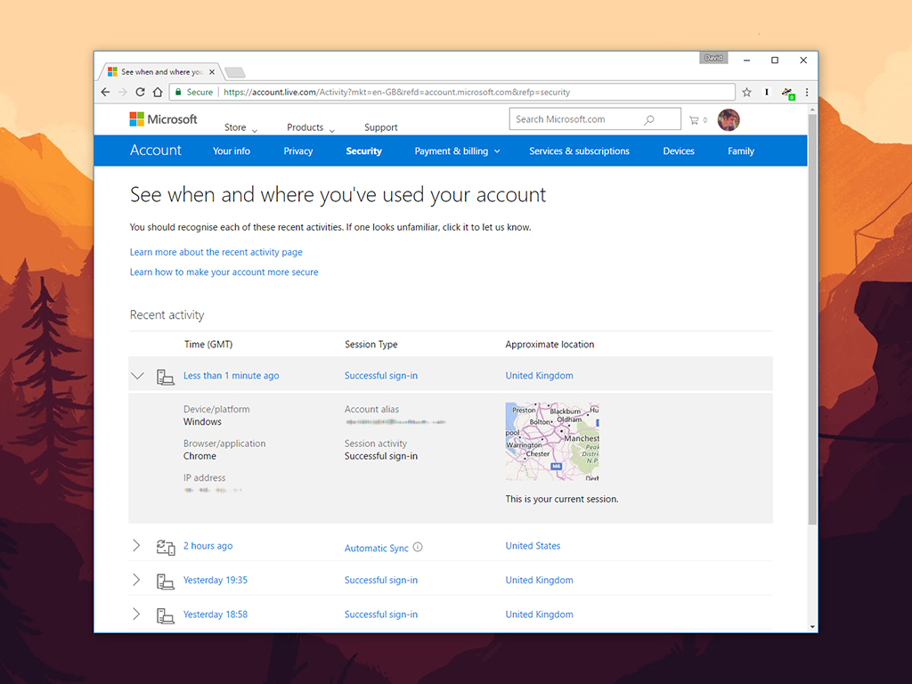 The account activity page on a Microsoft account.