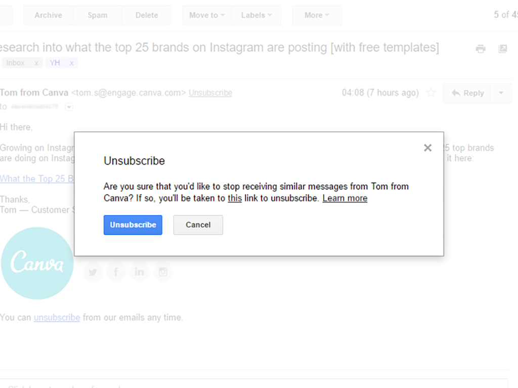 The unsubscribe button Google provides for certain emails, which can be helpful in reaching Gmail Inbox Zero.