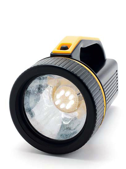 A large black flashlight with its bulbs replaced by LEDs.