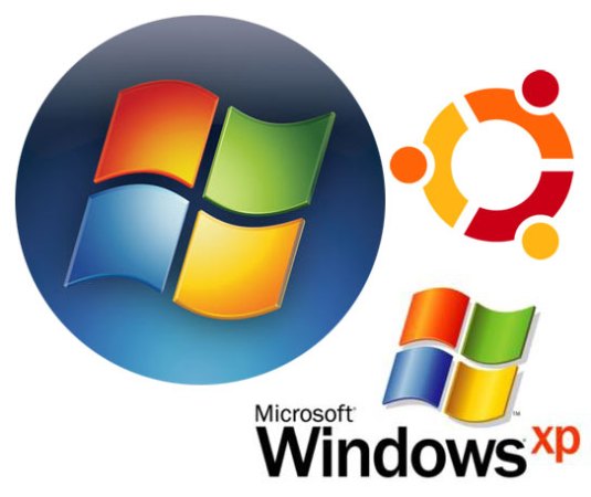 The Windows XP logo, the Windows logo, and the Ubuntu logo.