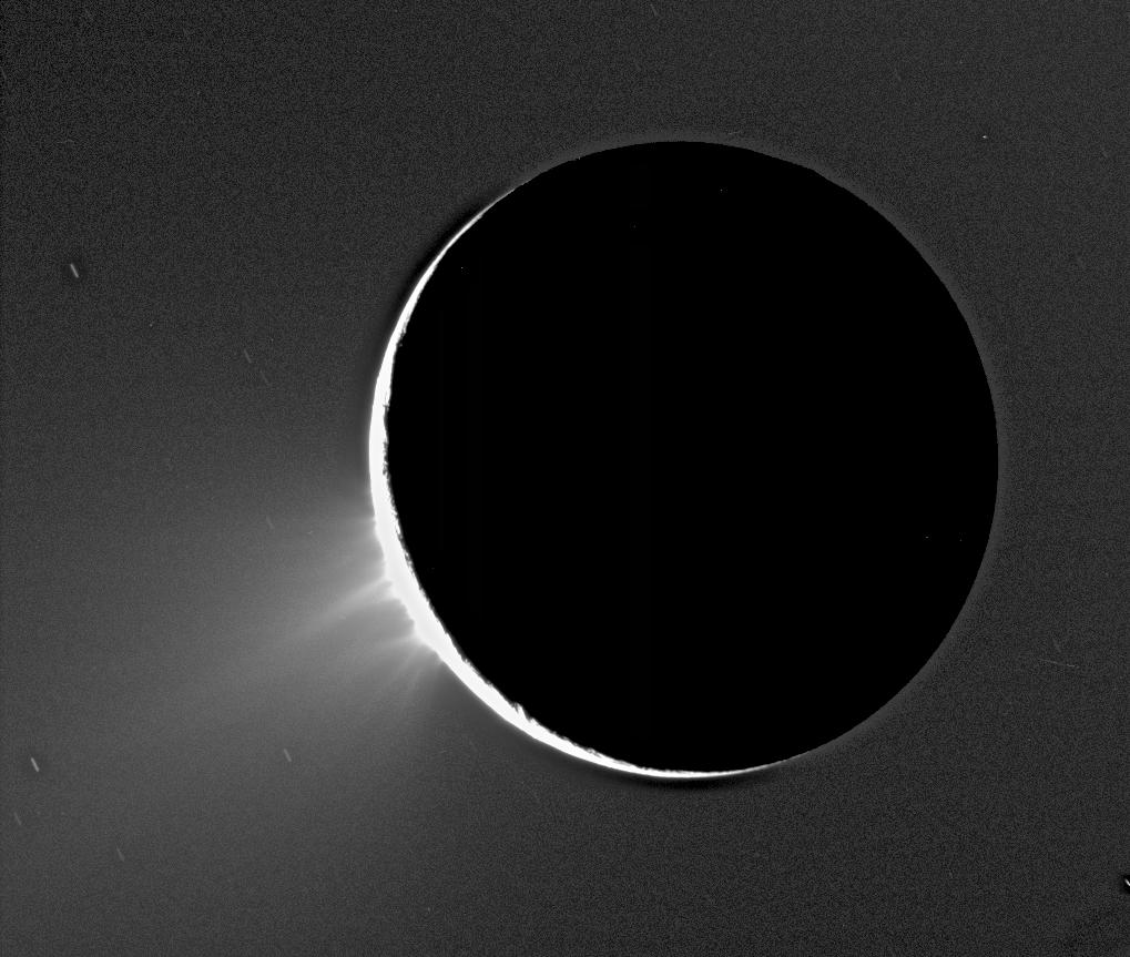 enceladus backlit with geysers