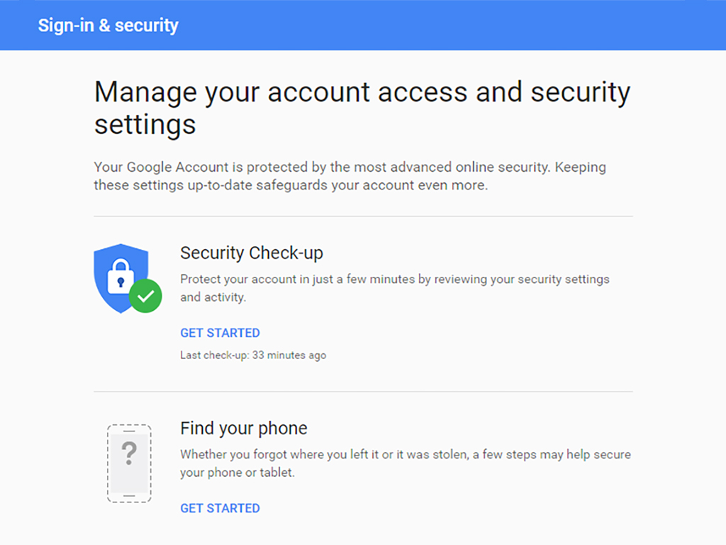 The security options in your Google account for signing into Google.
