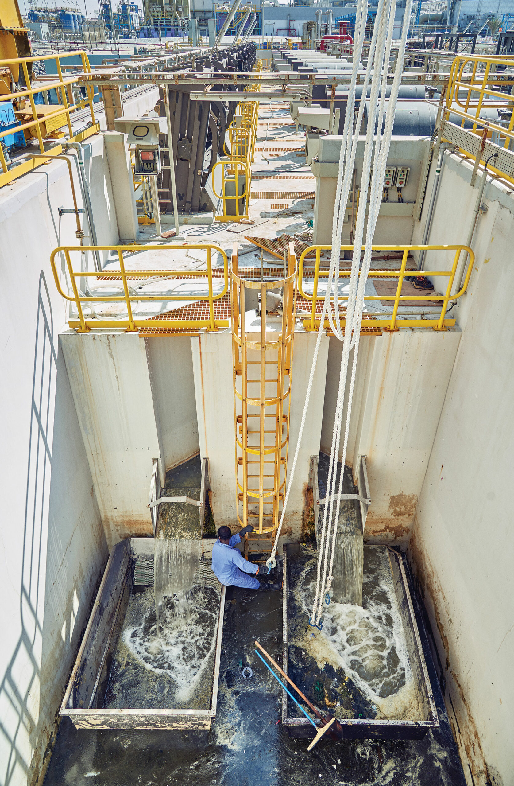 water pours into filtration baskets