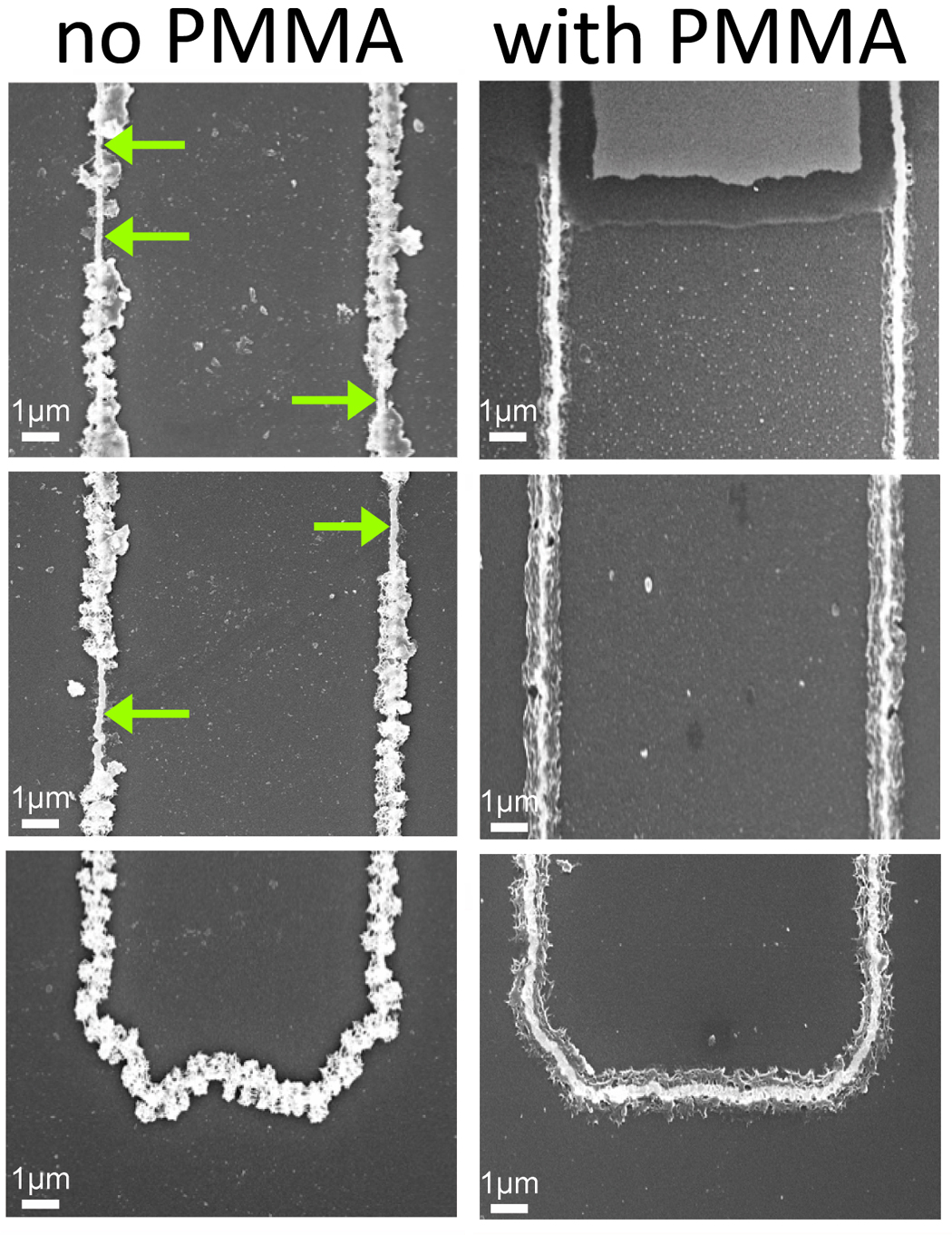 Nanowires that were used without the electrolyte gel, left, corroded after 4,000 cycles. The wires in the gel, right, show little corrosion after 100,000 cycles.