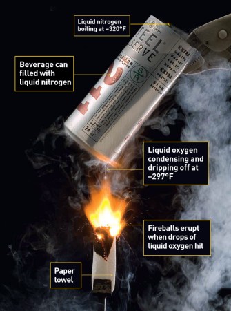 A beverage can over a flame, with smoke nearby. The can contains liquid nitrogen boiling at -320 degrees Fahrenheit, and liquid oxygen is dripping off at -297 degrees. They burst into flame when they hit a burning paper towel.