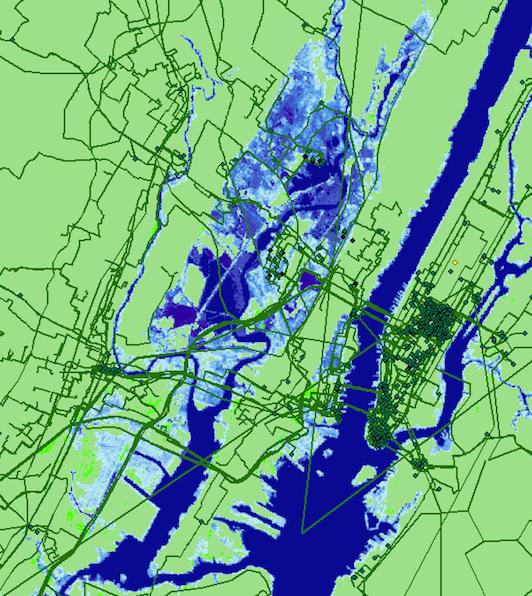 Seawater inundation projected for New York City by 2033 and its effect on internet infrastructure.