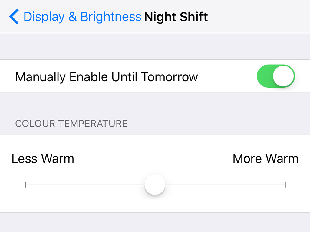 The Night Shift option on an Apple iPhone with iOS.