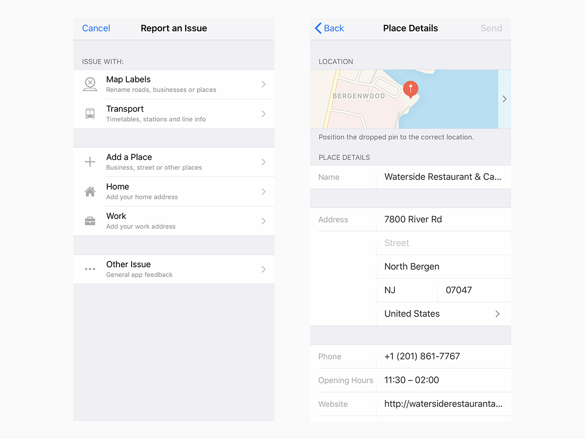 The place-editing and error-fixing interface on Apple Maps.