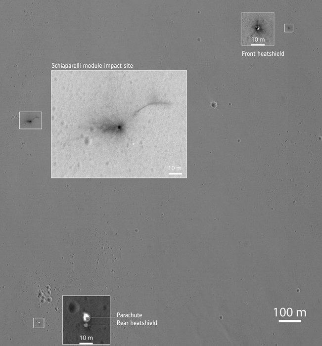 A high-resolution camera orbiting Mars captured evidence of the Schiaparelli lander’s recent impact site.