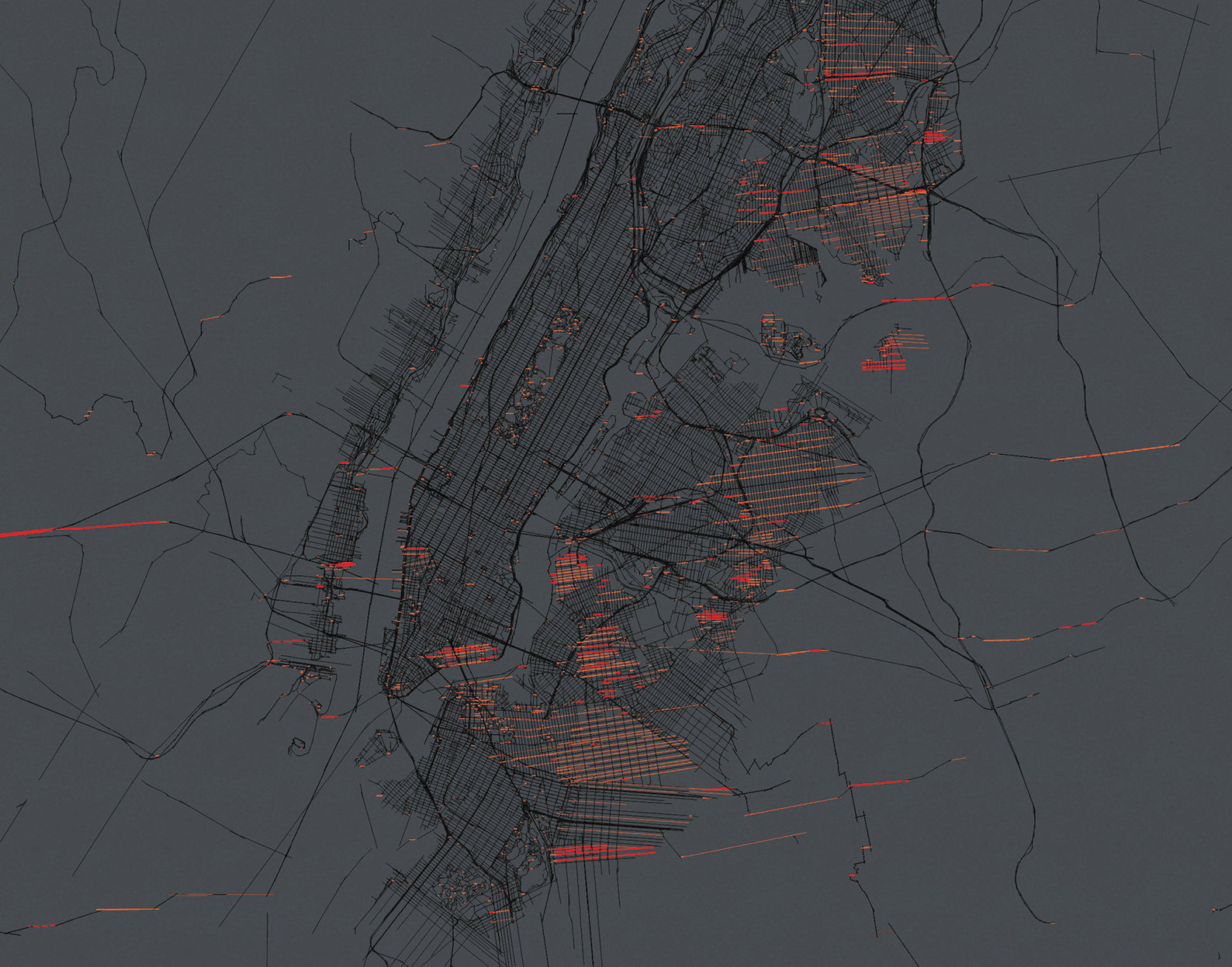 data visualization of streets illuminated by sunset in New York City