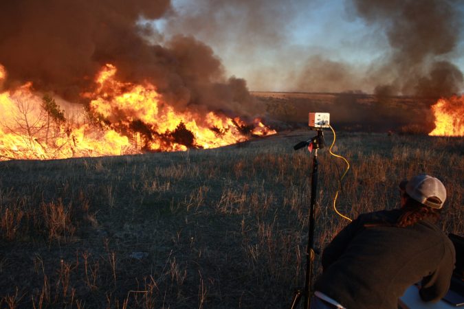 UNL Graduate student Christina Bielski recorded data during a high intensity prescribed fire burning through juniper-invaded grassland on private property.