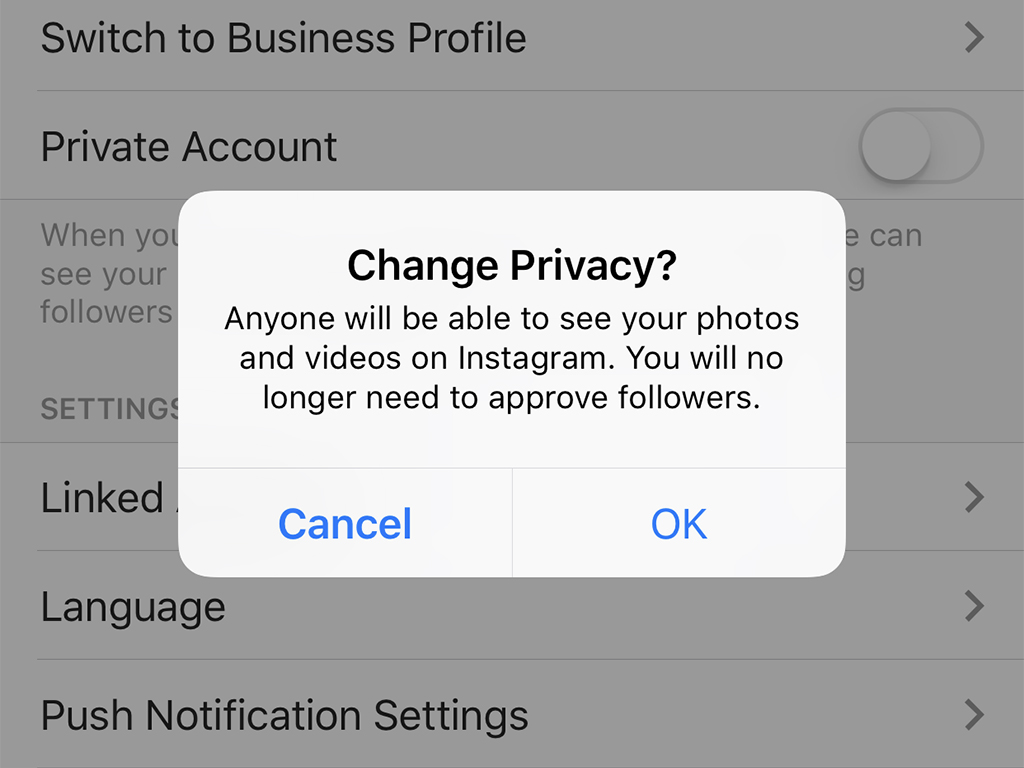 Instagram displaying a popup option to change privacy settings.