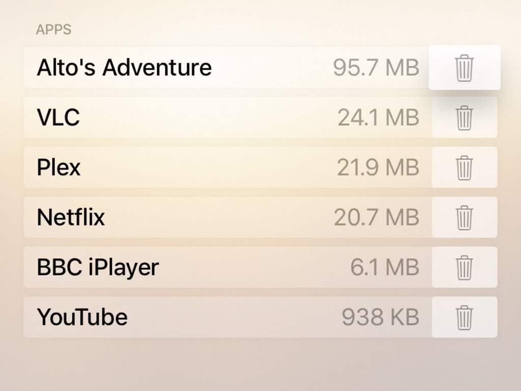 The interface for checking how much space apps are using on an Apple TV, with app size and a trash can icon next to each for quick removal.