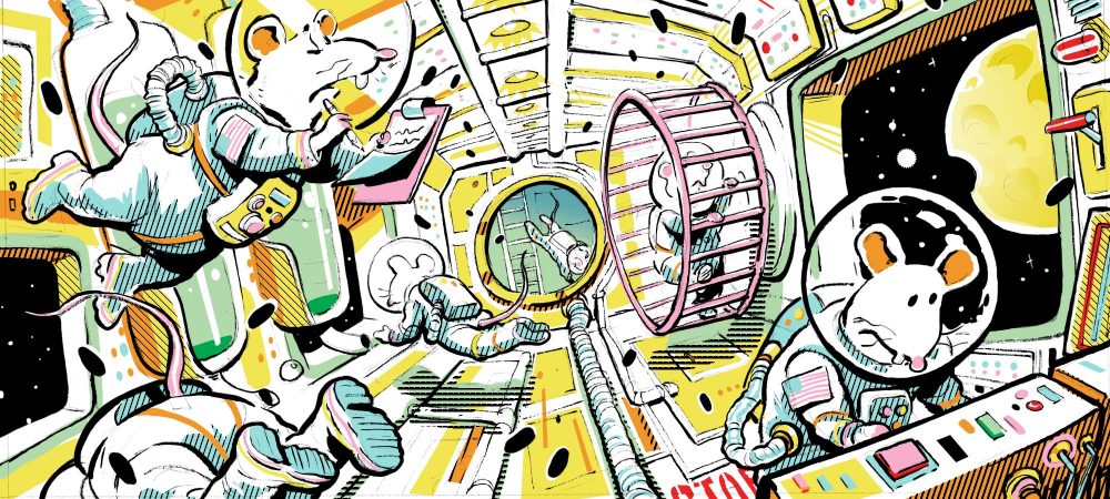 Illustration of mice astronauts in a spaceship.