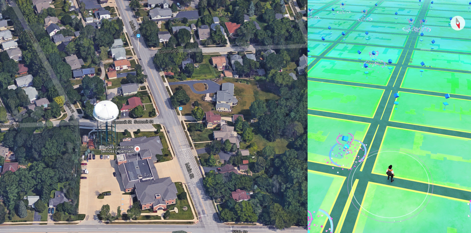 Comparison of Downers Grove in Google Maps to a separate Pokémon Go location