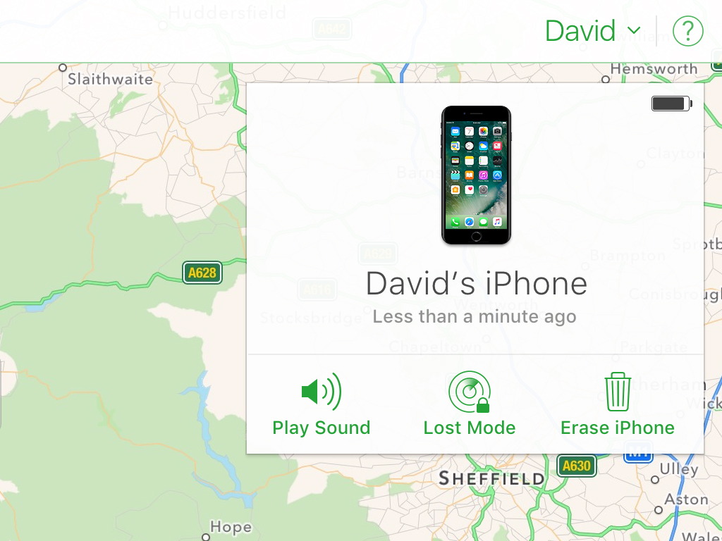 The Find My app screen on an iPhone, showing the location of David's iPhone.