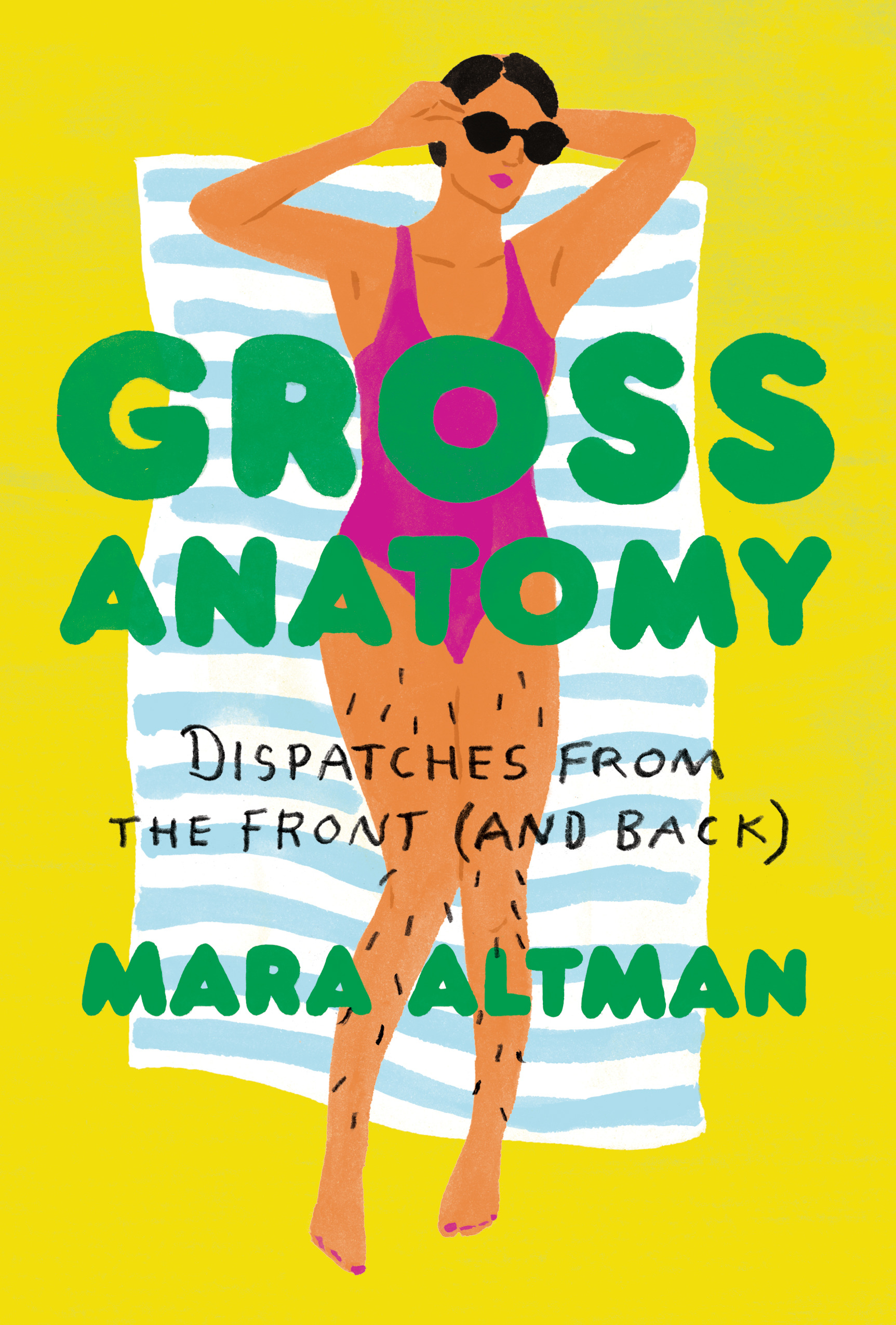 Cover of Gross anatomy, drawing of a woman in a swimsuit lying on a towel against a yellow background