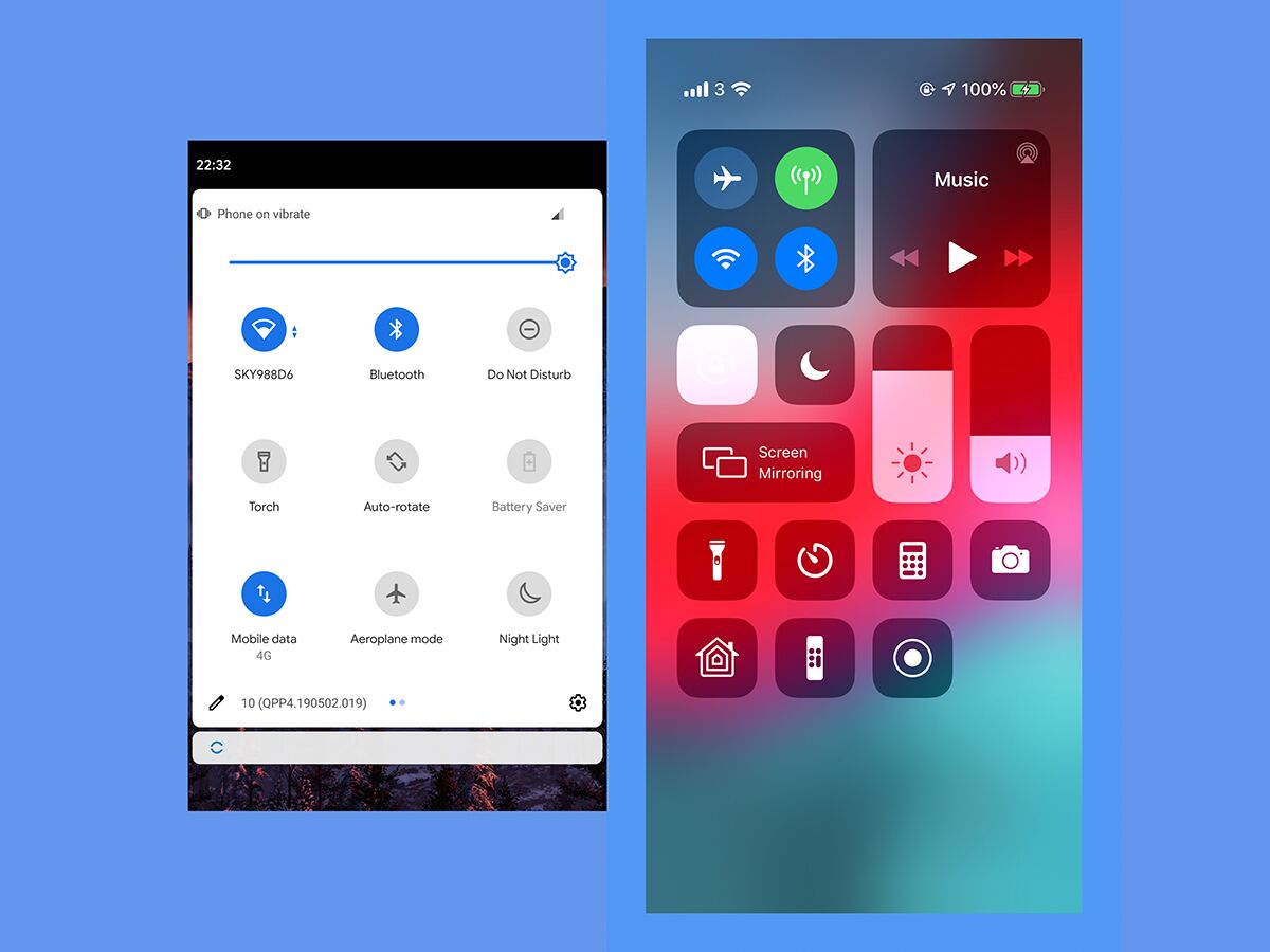 the Quick Settings screen for Android and the Control Center screen for iOS