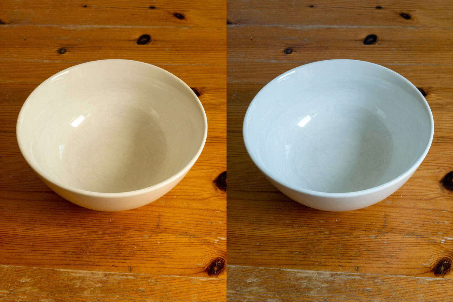 Pictures of bowls over a wooden table contrasted