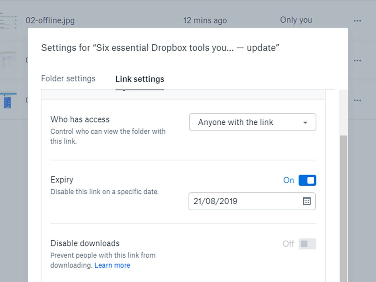 Dropbox expiration date