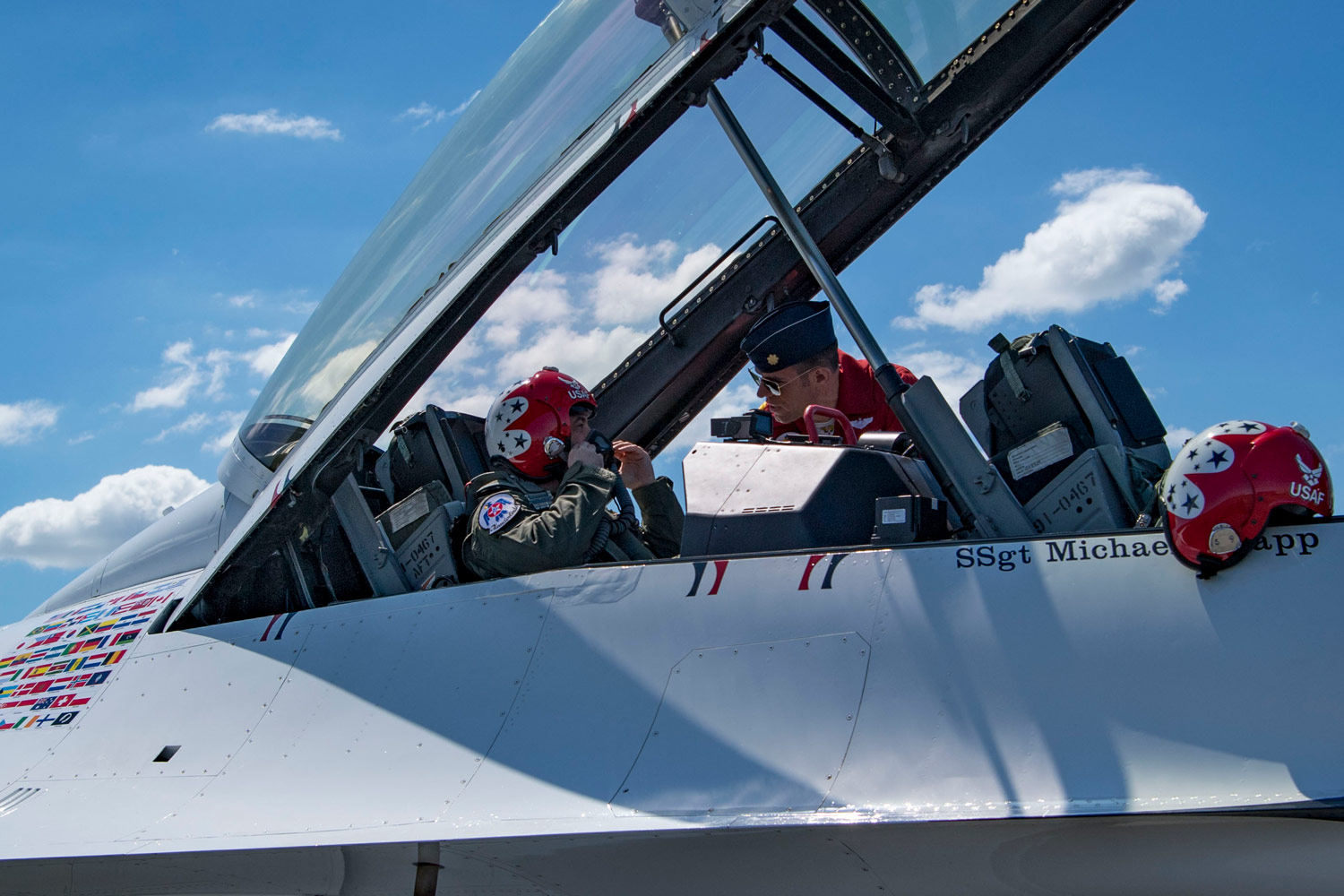 Rob Verger strapping into a F-16 jet