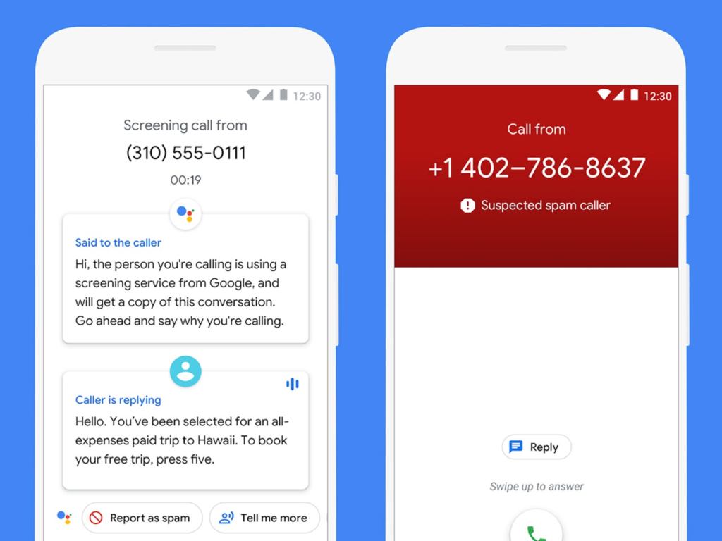 The Google Assistant using the Call Screen feature on an Android phone to stop a spam caller.