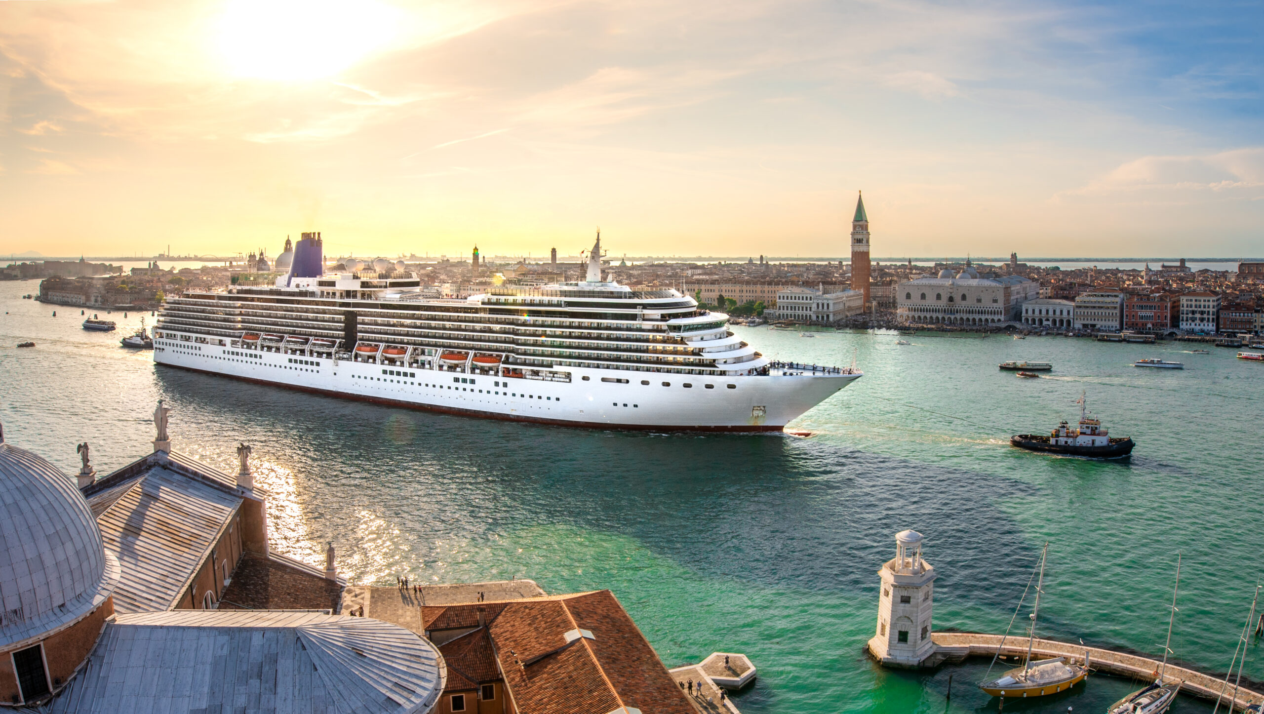 A giant cruise ship in the water