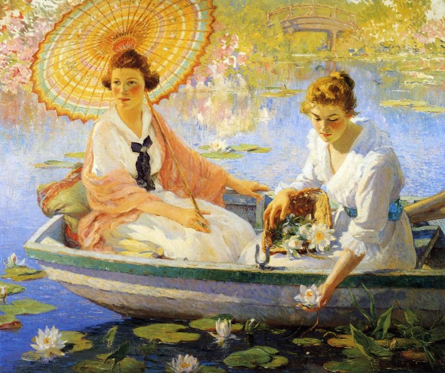 A woman holding a parasol in a boat in Colin Campbell Cooper’s painting ‘Summer’