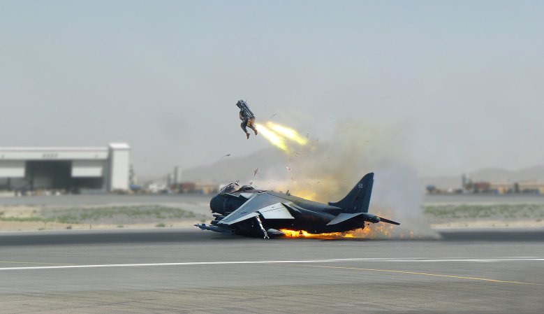 A pilot ejects from a Harrier jet