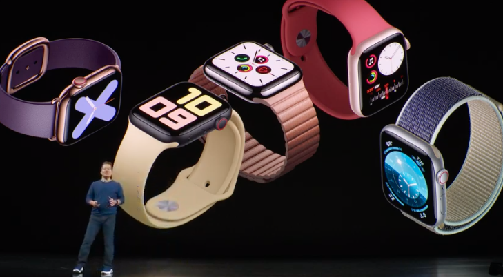 Different colored models from the Apple Watch Series 5