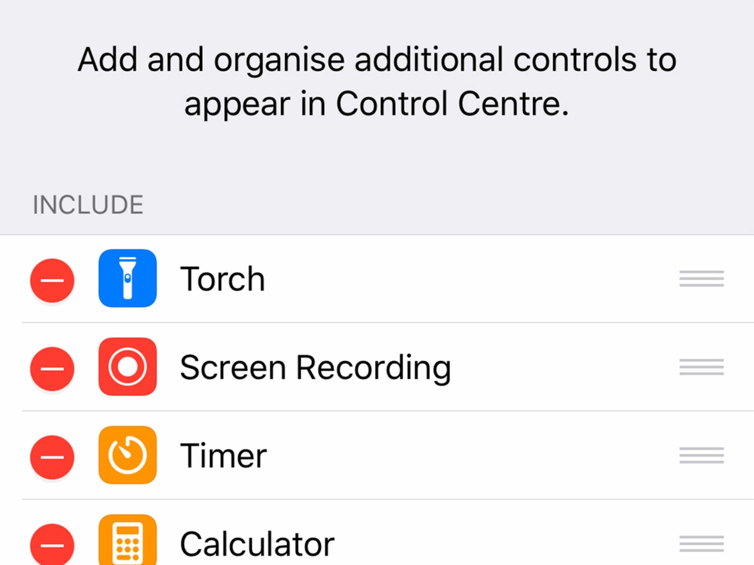 The Control Center list of enabled widgets, including the Screen Recording tool.