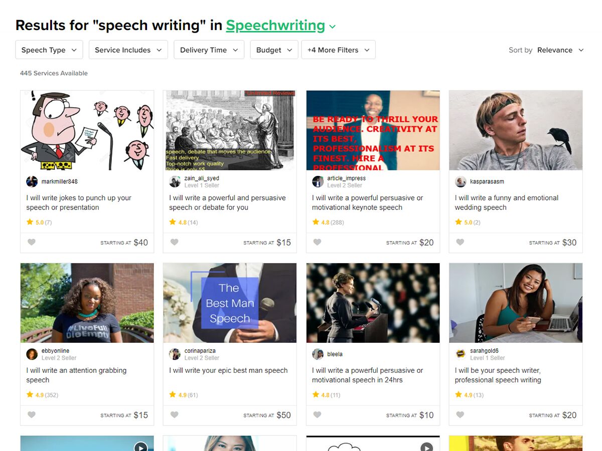 a screenshot of a Fiverr search for speech writers