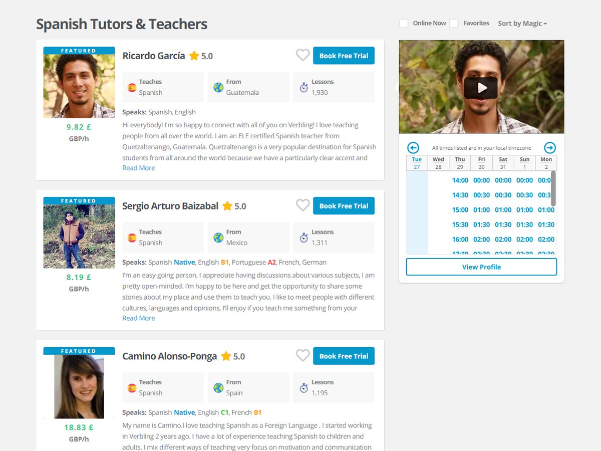 Verbling screenshot showing various language tutors