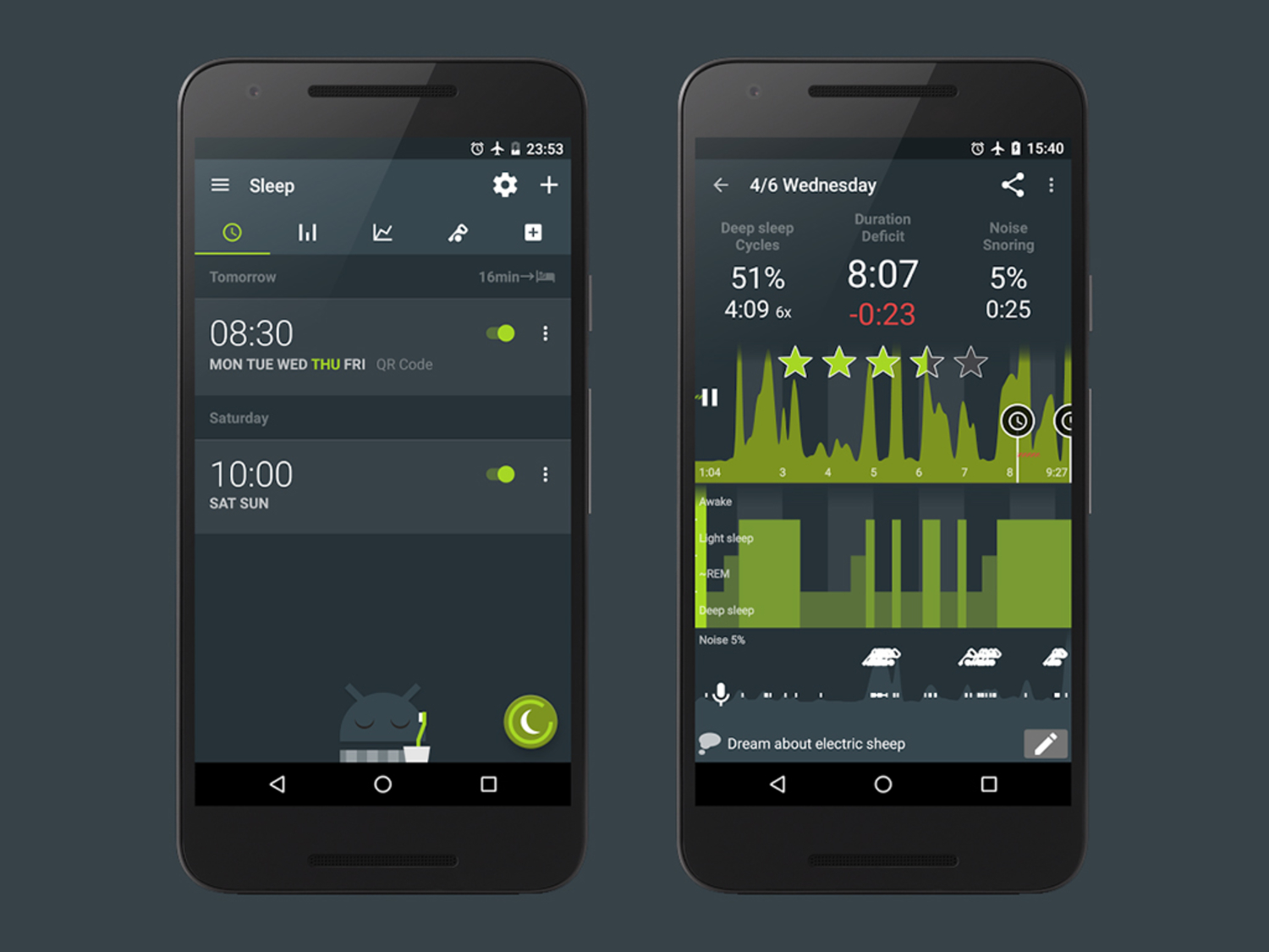 android phones showing the sleep as android app