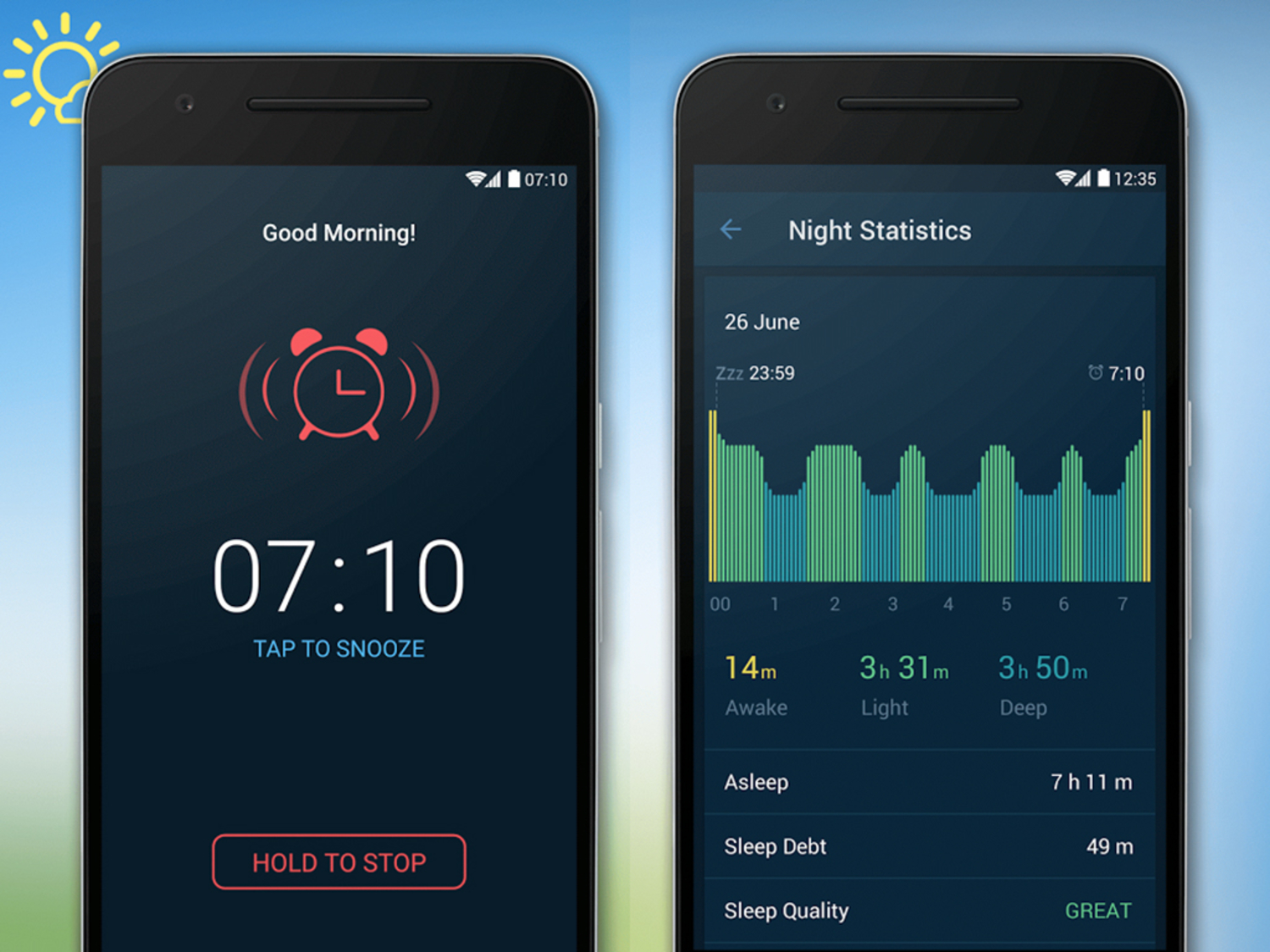 android phones showing sleepzy app