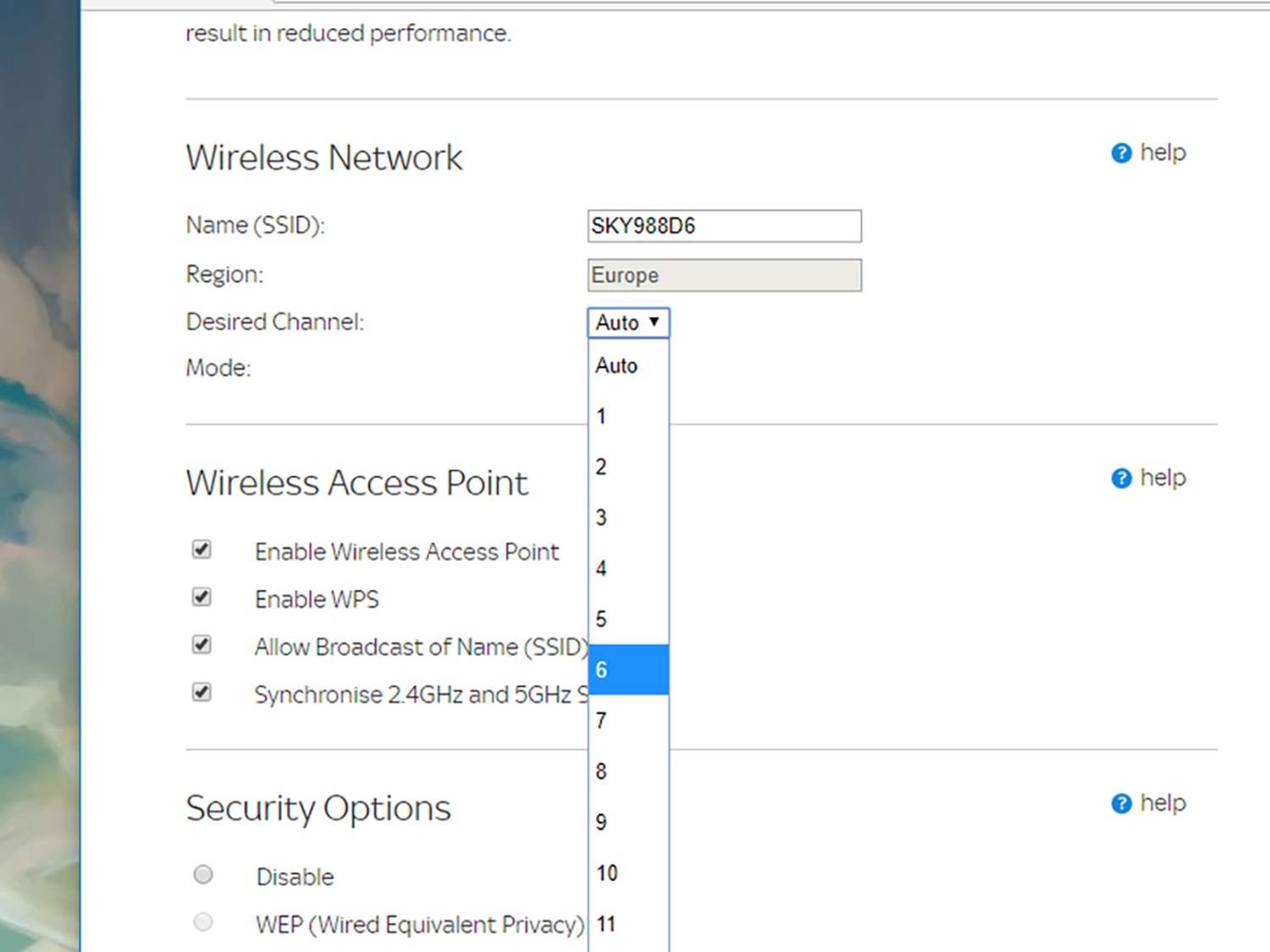 The options for changing your router's wireless channel.