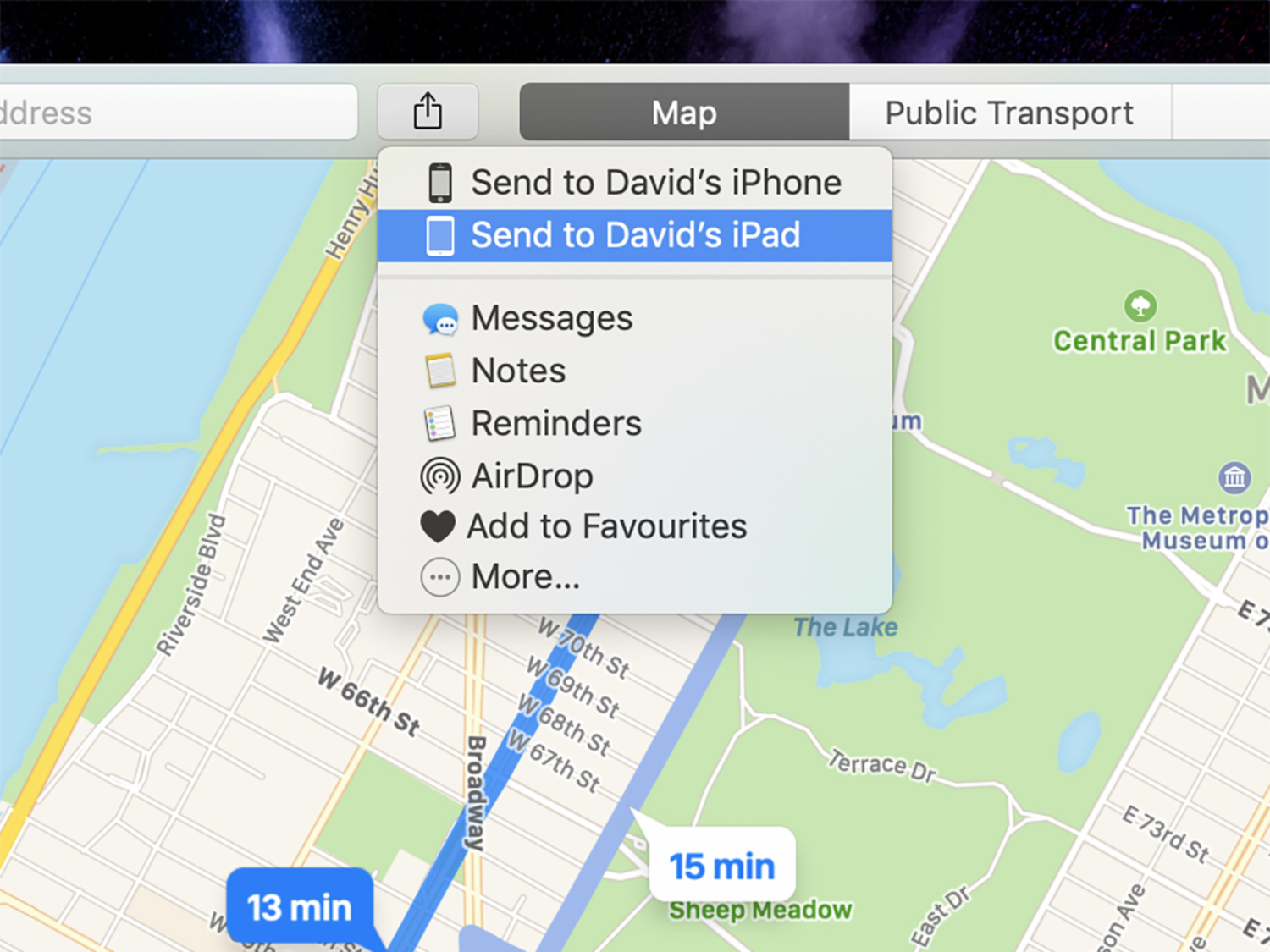 Apple maps on macOS, showing the sharing feature between devices.