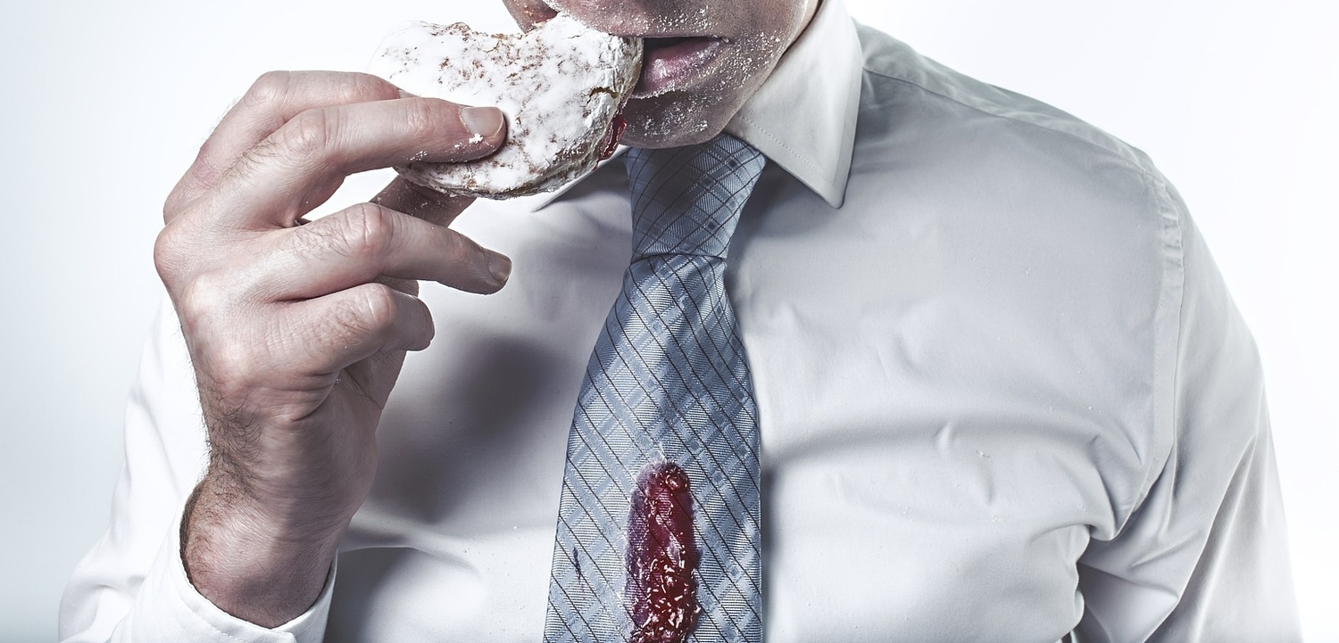 person wearing a shirt stained with jam