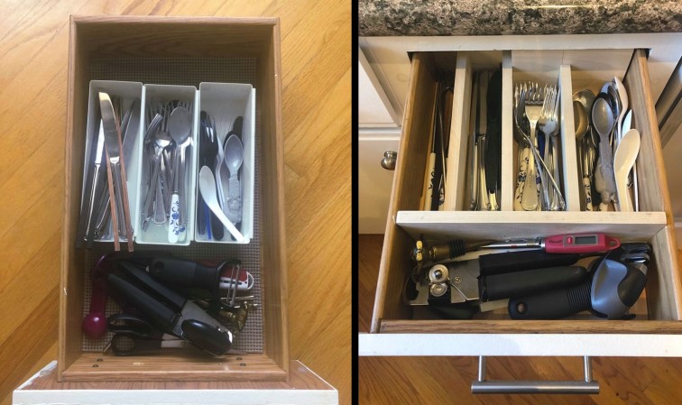 a before and after photo of a messy kitchen utensil drawer and a drawer organized with a homemade DIY drawer organizer