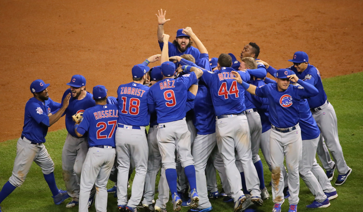 The Cubs celebrating their 2016 World Series win