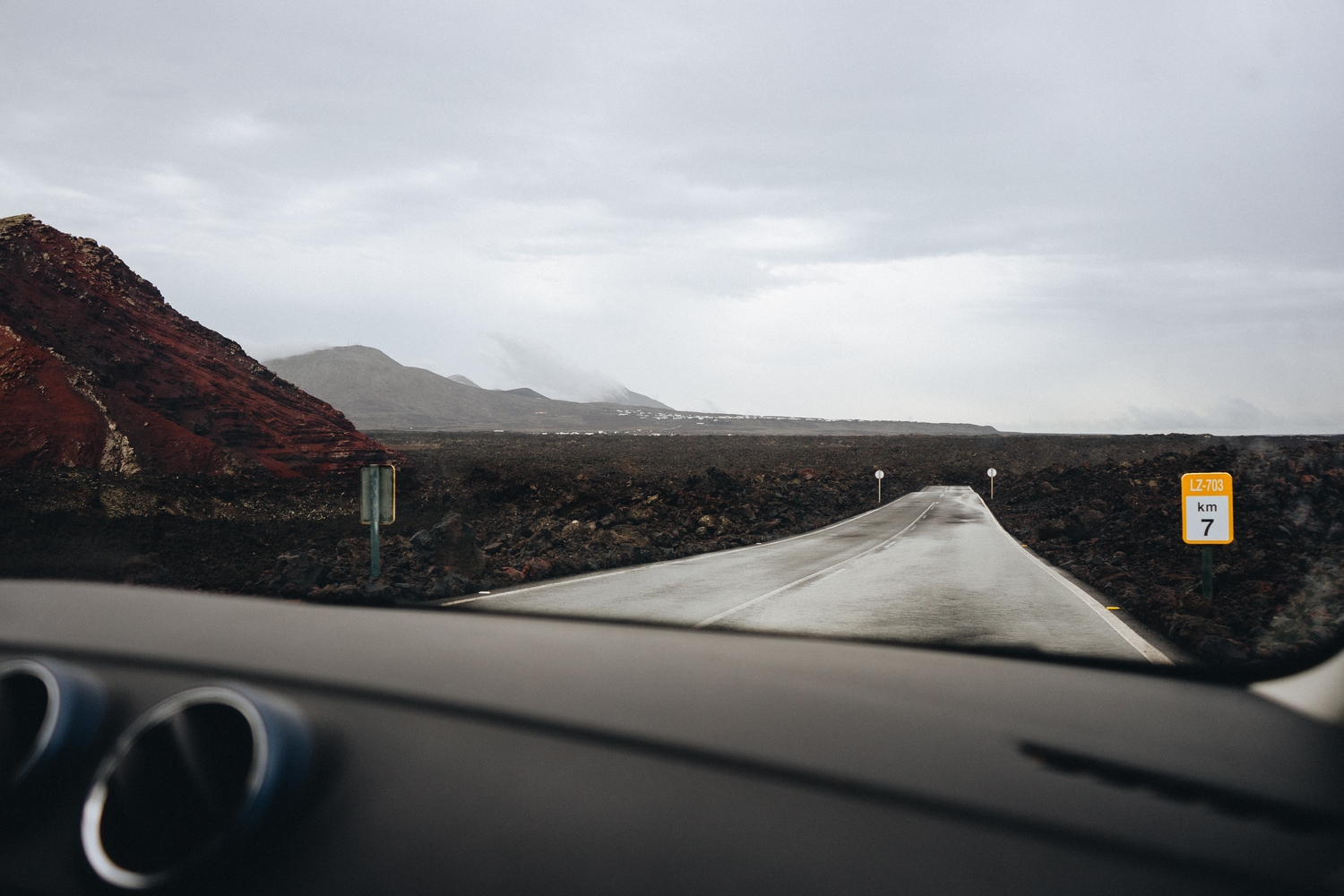 view of the road from a car