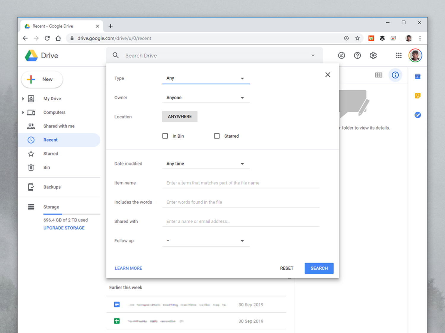 screenshot of filesearch platform on google drive