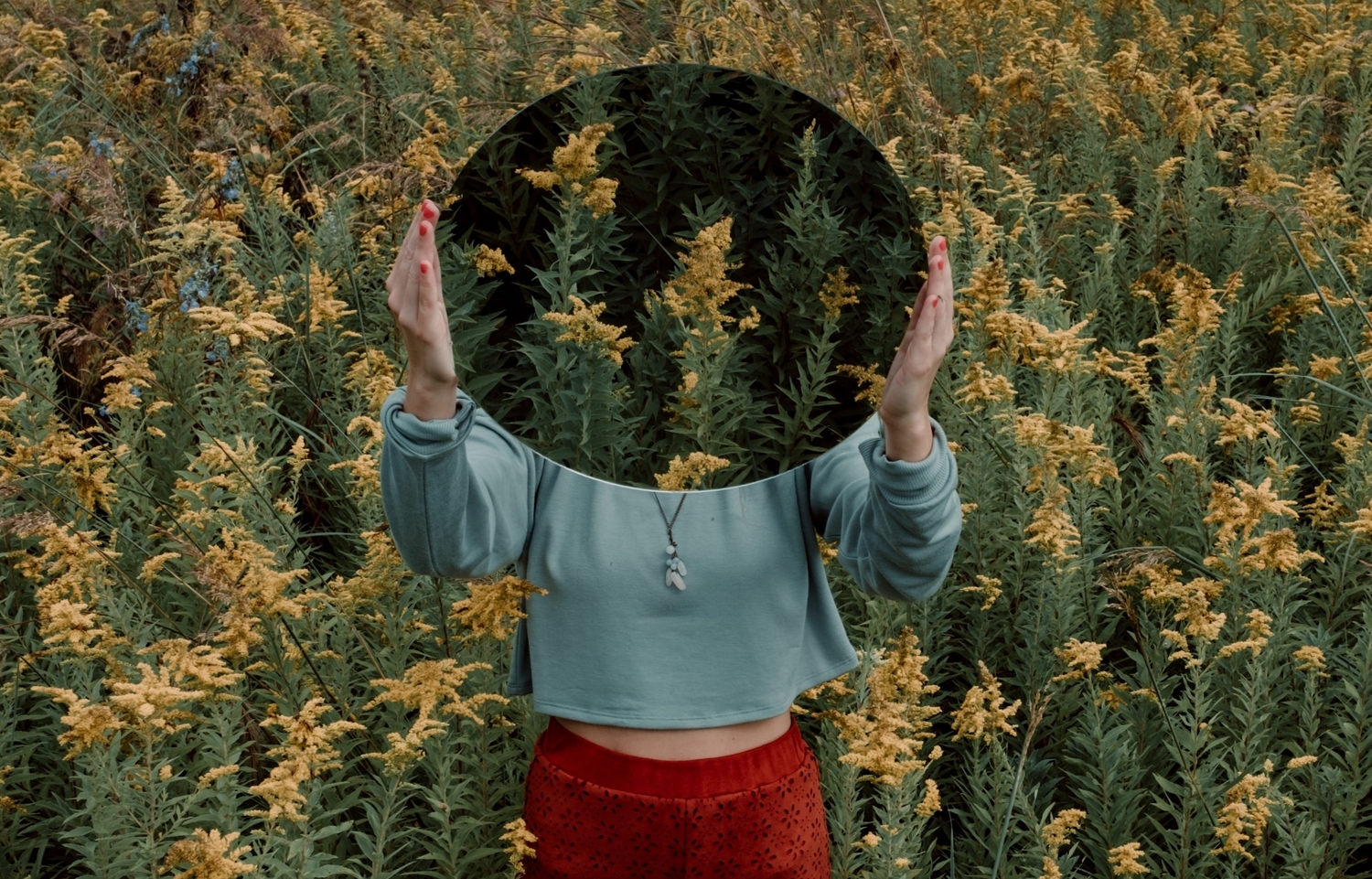 person holding a mirror in a meadow