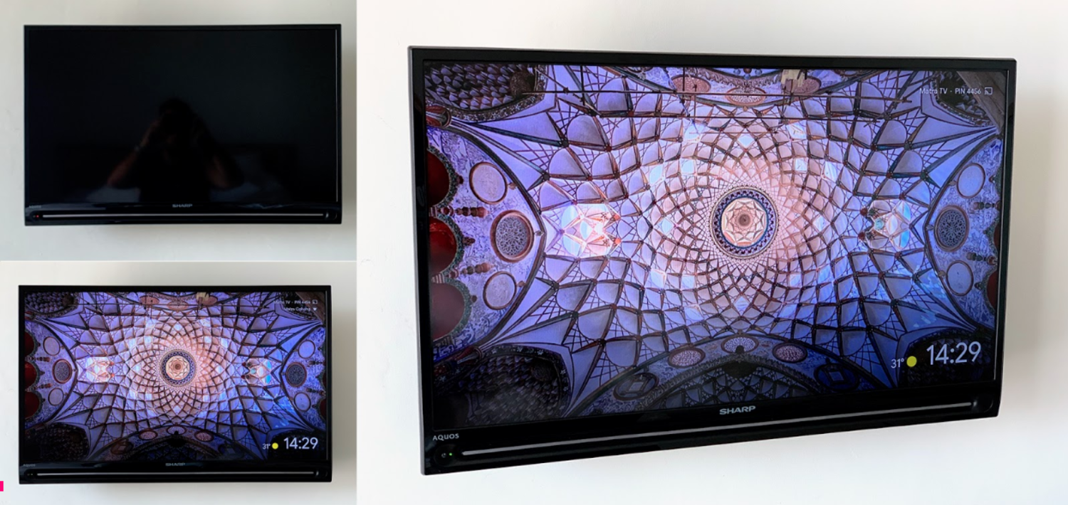 three views of smarttv with psychodelic design on the screen