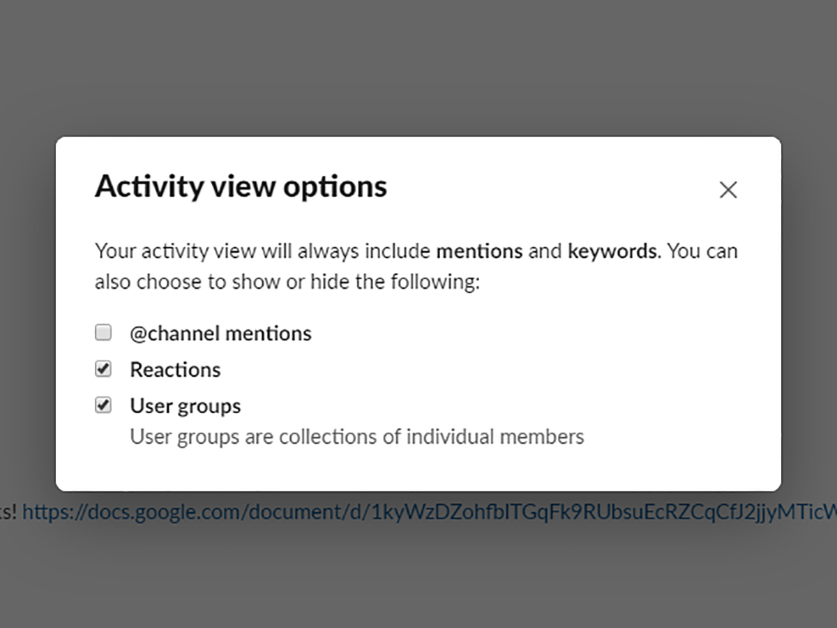 Screenshot of Slack Activity options menu
