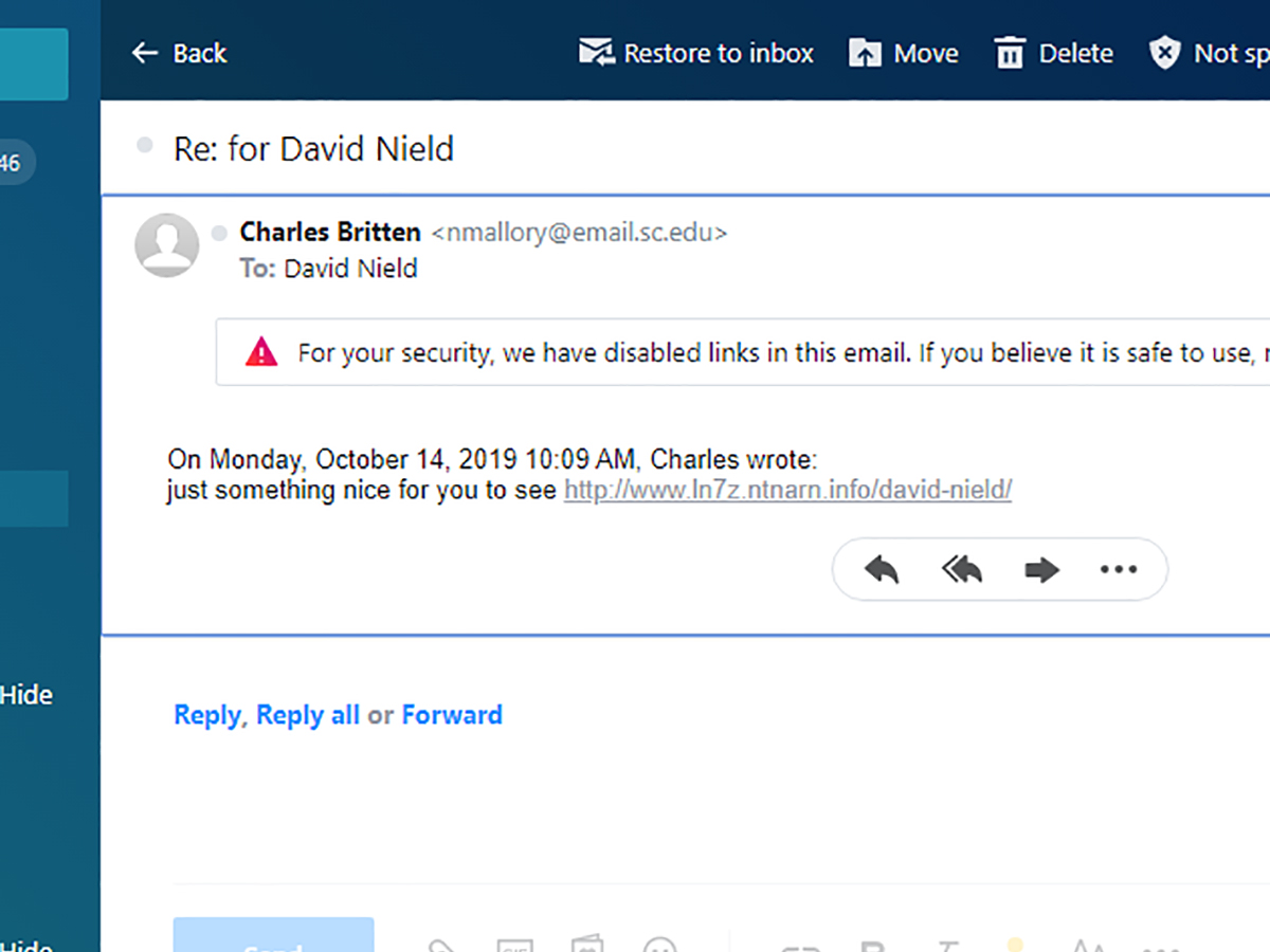 Screenshot of email phishing security