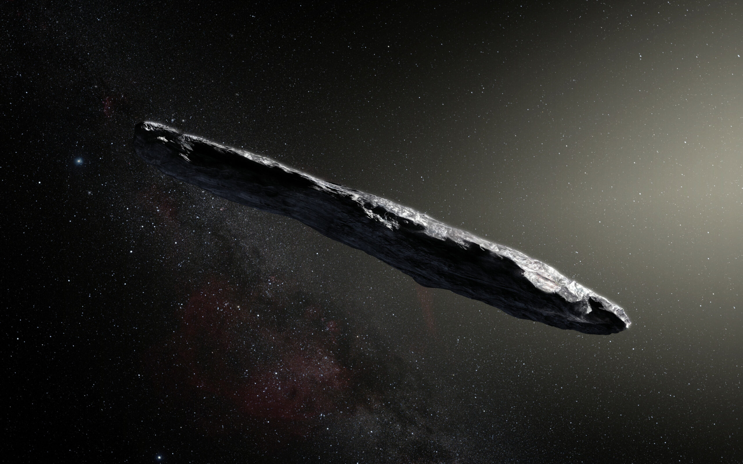 artists impression of a cigar shaped interstellar objecct